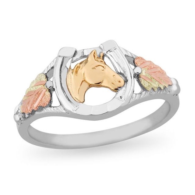 Black Hills Gold Horse, Horseshoe and Leaves Ring in Sterling Silver and 10K Gold