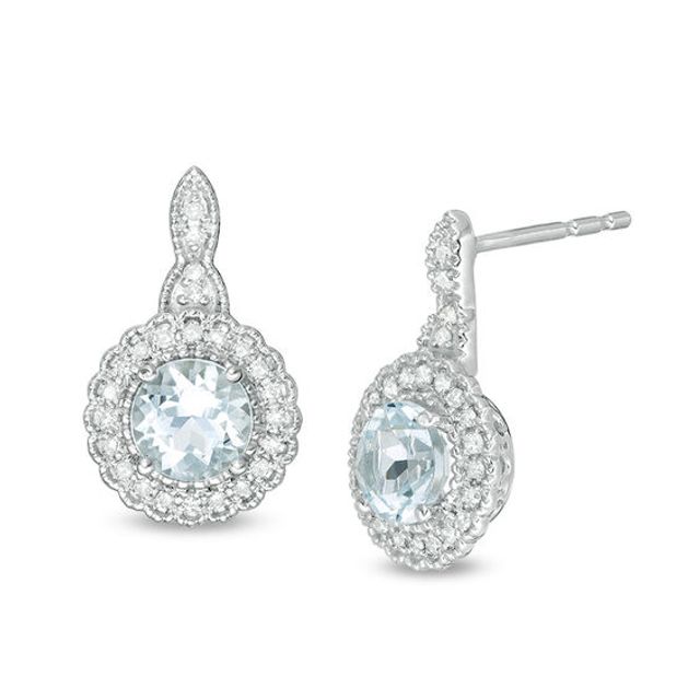 5.0mm Aquamarine and 1/8 CT. T.w. Diamond Scallop Frame Vintage-Style Drop Earrings in 10K White Gold