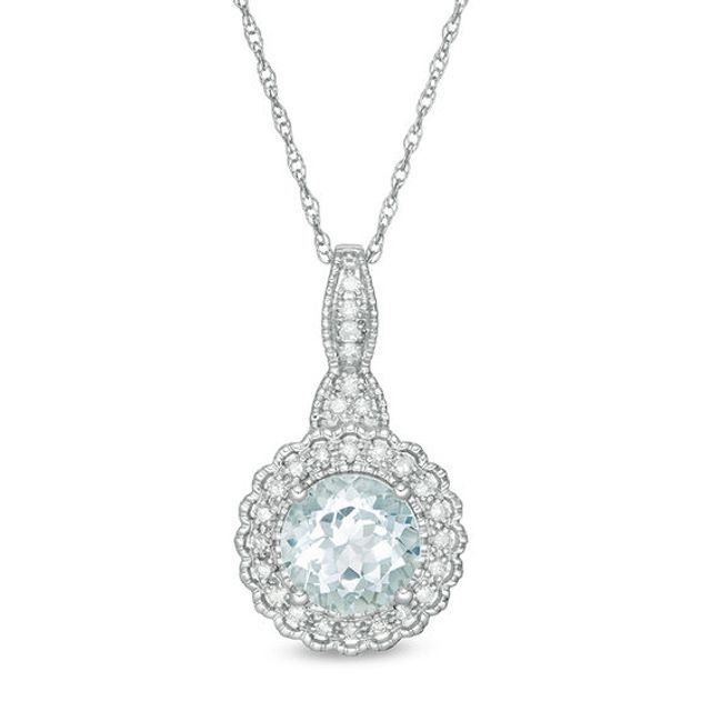 7.0mm Aquamarine and 1/8 CT. T.w. Diamond Scallop Frame Vintage-Style Pendant in 10K White Gold