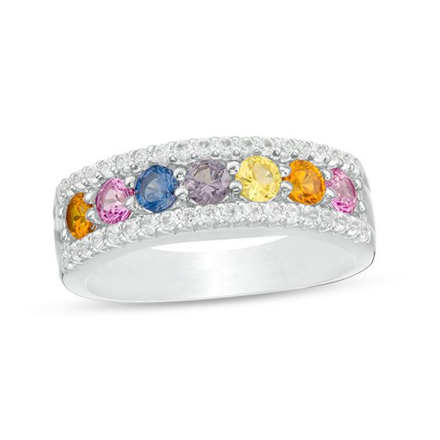 3.0mm Lab-Created Multi-Color and White Sapphire Border Seven Stone Triple Row Ring in Sterling Silver