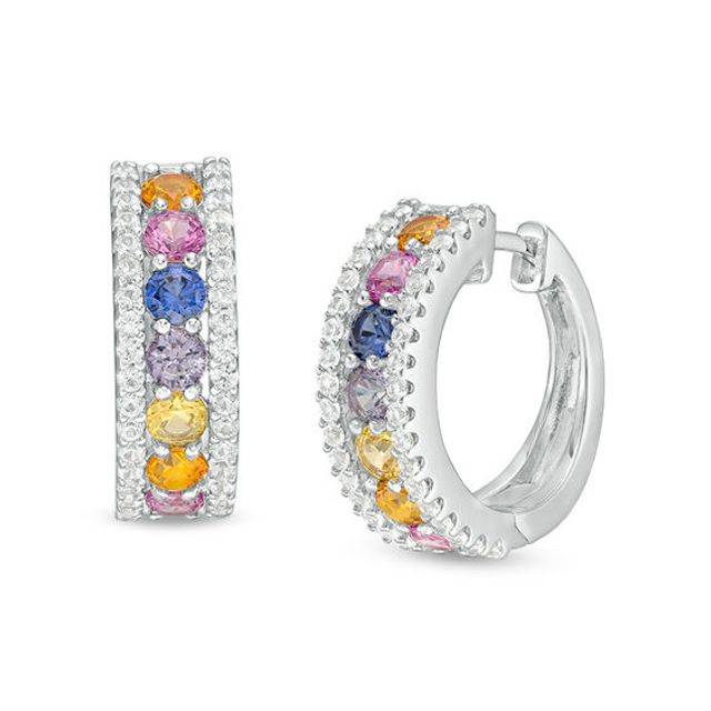 3.0mm Lab-Created Multi-Color and White Sapphire Border Seven Stone Triple Row Huggie Hoop Earrings in Sterling Silver