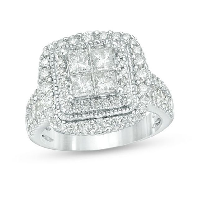 2 CT. T.w. Quad Princess-Cut Diamond Vintage-Style Double Frame Multi-Row Engagement Ring in 14K White Gold