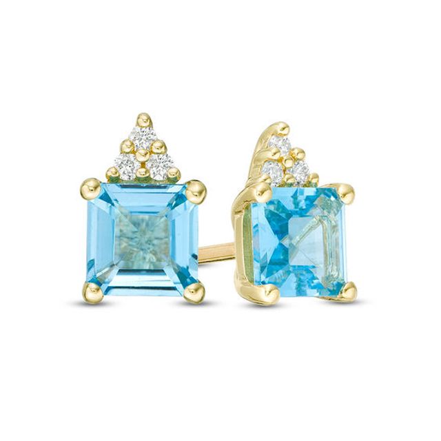 5.0mm Asscher-Cut Swiss Blue Topaz and 1/20 CT. T.w. Diamond Tri-Top Stud Earrings in 10K Gold