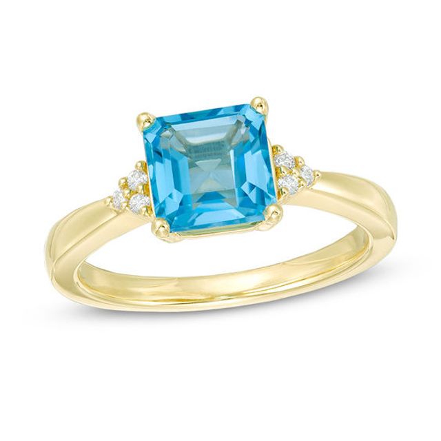 7.0mm Asscher-Cut Swiss Blue Topaz and 1/20 CT. T.w. Diamond Tri-Sides Ring in 10K Gold