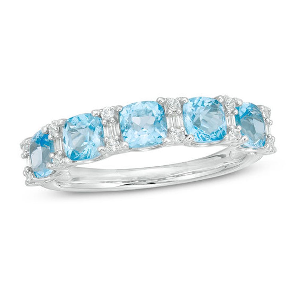 Cushion-Cut Swiss Blue Topaz and Lab-Created White Sapphire Alternating Five Stone Ring in Sterling Silver