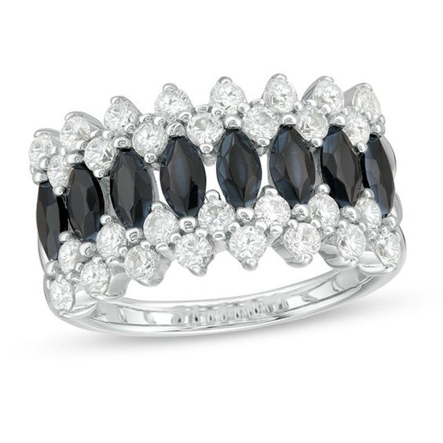 Marquise Black Spinel and Lab-Created White Sapphire Triple Row Crown Ring in Sterling Silver