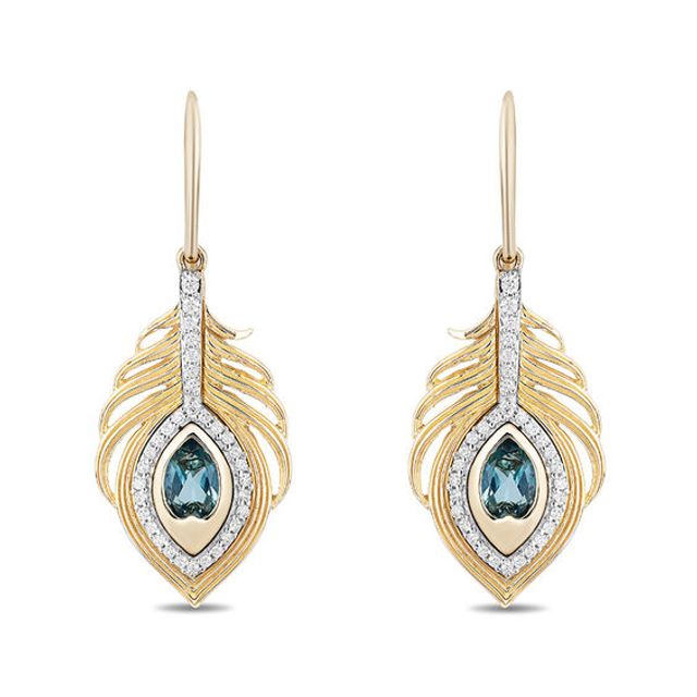 Enchanted Disney Jasmine Oval Swiss Blue Topaz and 1/5 CT. T.w. Diamond Palm Drop Earrings in 10K Gold