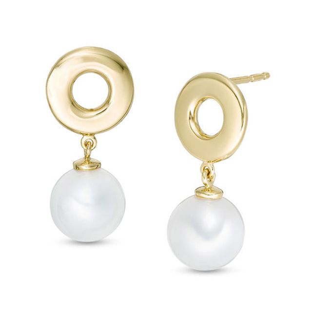 8.0-9.0mm Freshwater Cultured Pearl Open Circle Drop Earrings in Sterling Silver with 14K Gold Plate