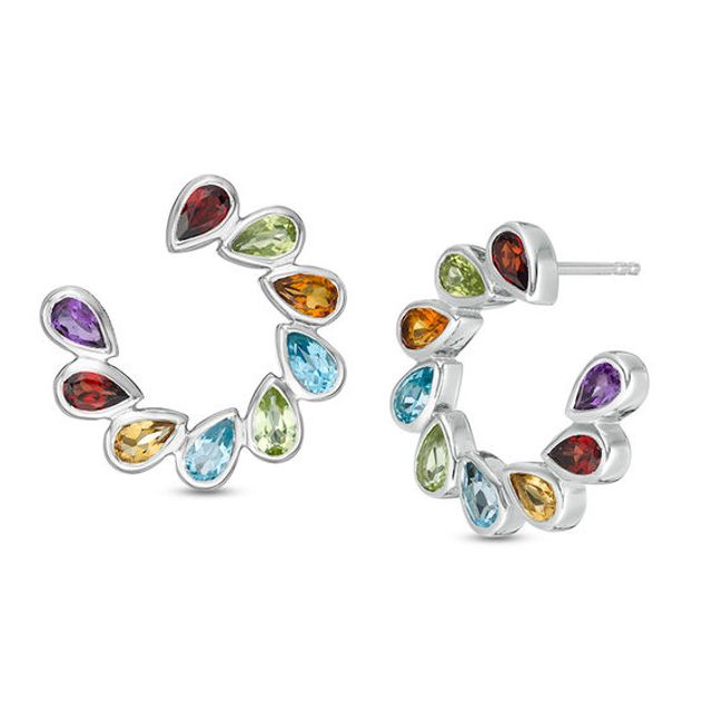 Pear-Shaped Multi-Gemstone Slant Open Circle Stud Earrings in Sterling Silver