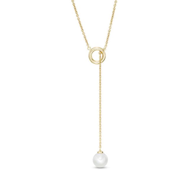 8.0-9.0mm Freshwater Cultured Pearl and Open Circle Lariat-Style Necklace in Sterling Silver with 14K Gold Plate