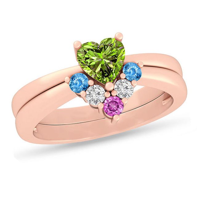 Mother's Heart and Round Birthstone Two Piece Stackable Ring Set (2-6 Stones)