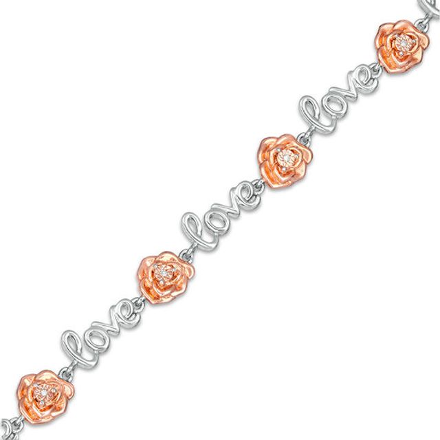 Diamond Accent Alternating "love" and Rose Outline Link Bracelet in Sterling Silver with 10K Rose Gold Plate - 7.25"