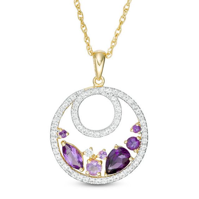 Multi-Shaped Amethyst, Rose de France and Lab-Created White Sapphire Loop Pendant in Sterling Silver and 14K Gold Plate