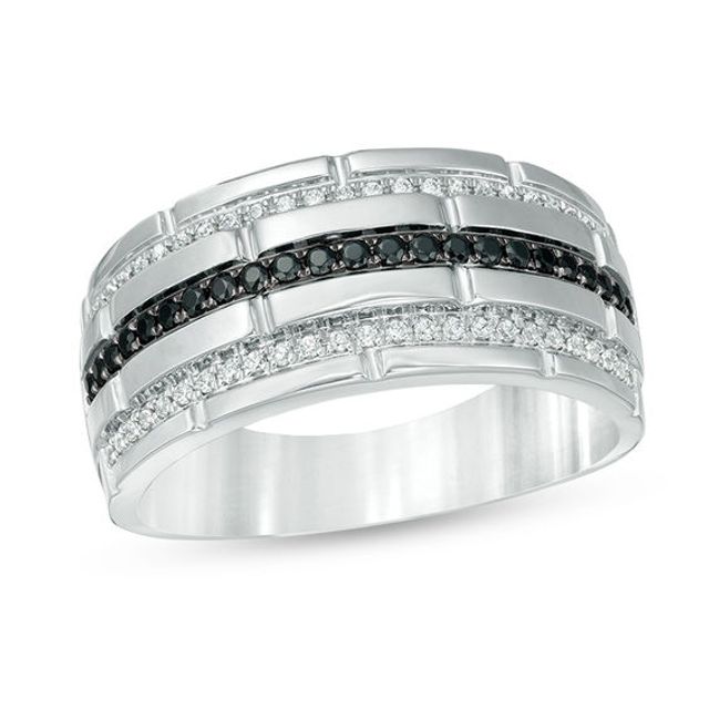 Men's 1/3 CT. T. W. Enhanced Black and White Diamond Multi-Row Brick-Pattern Ring in Sterling Silver