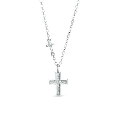 Diamond Accent Petite Two Cross Pendant in 10K White Gold - 19"