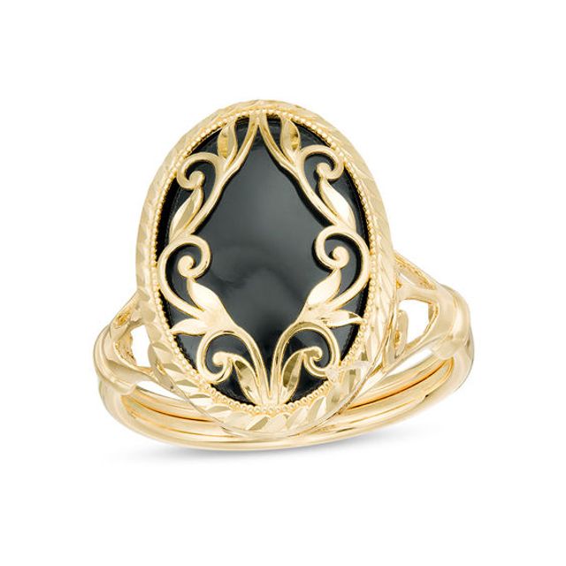 Oval Onyx and Diamond-Cut Frame Scroll Overlay Vintage-Style Ring in 10K Gold - Size 7