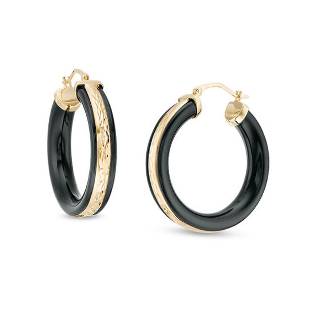 Onyx Border and Diamond-Cut Triple Row Hoop Earrings in 10K Gold