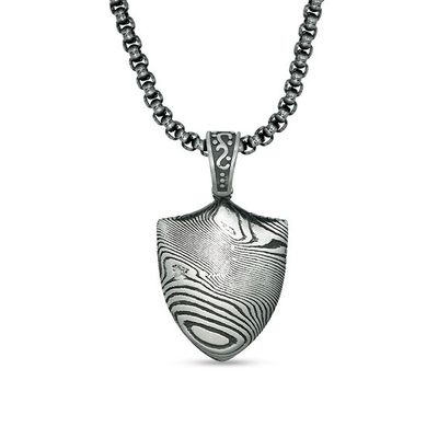 Men's Damascus Pattern Shield Pendant in Stainless Steel with Gunmetal Ion-Plate - 24"