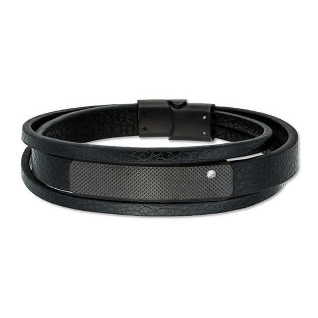 Men's 12.0mm Black Faux Leather Triple Strand Laser-Cut ID Bracelet in Black IP Stainless Steel - 8.5"