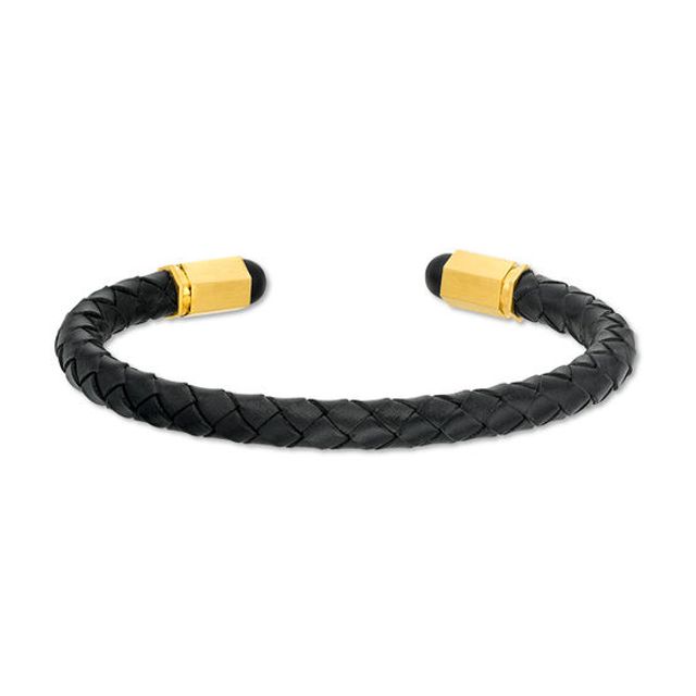 Men's 5.75mm Braided Black Faux Leather Cuff and Geometric Barrel Ends in Stainless Steel with IP