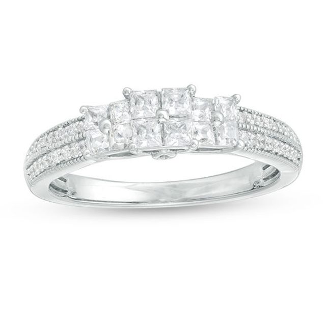 1/2 CT. T.w. Princess-Cut Quad Diamond Three Stone Double Row Engagement Ring in 10K White Gold