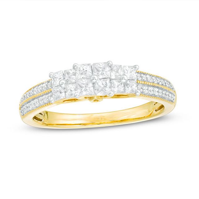 1/2 CT. T.w. Princess-Cut Quad Diamond Three Stone Double Row Engagement Ring in 10K Gold