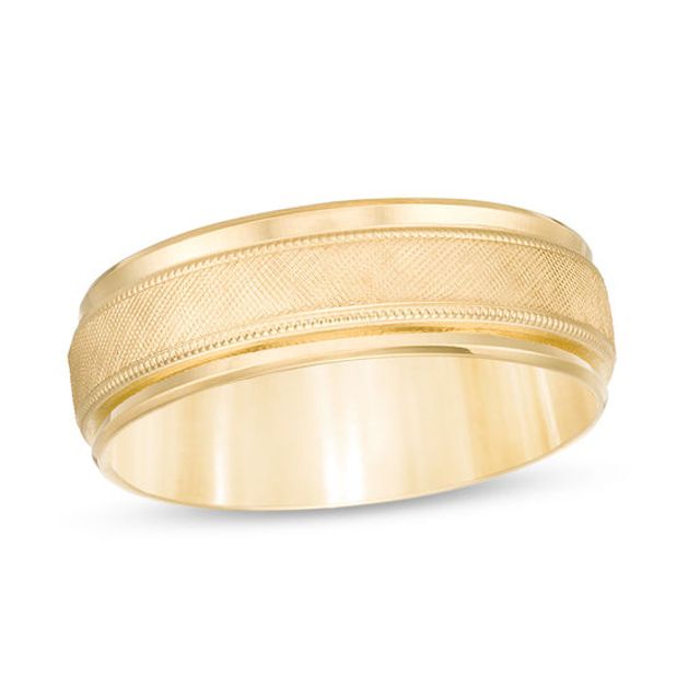 7.0mm Multi-Finish Center Stripe Beveled Edge Comfort-Fit Wedding Band in 10K Gold - Size 10