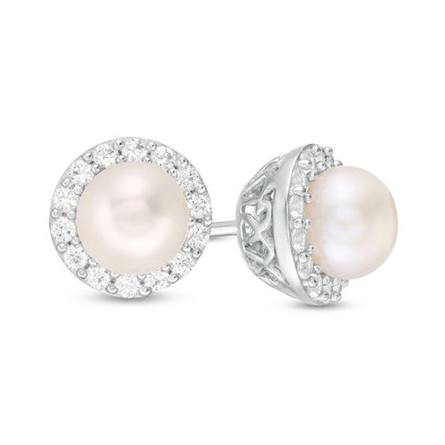 6.0mm Freshwater Cultured Pearl and Lab-Created White Sapphire Framed Stud Earrings in Sterling Silver