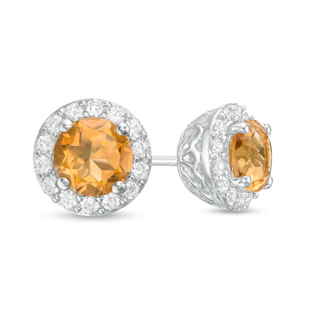 6.0mm Citrine and Lab-Created White Sapphire Frame Stud Earrings in Sterling Silver