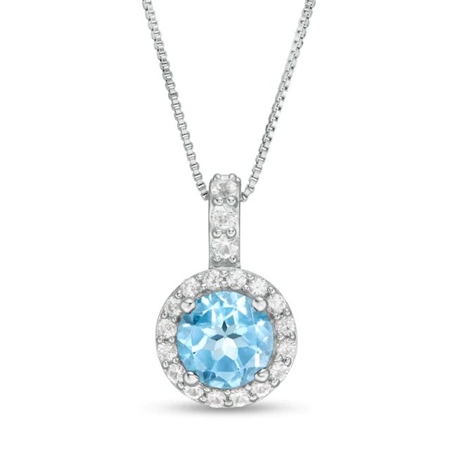 7.0mm Swiss Blue Topaz and Lab-Created White Sapphire Frame Drop Pendant in Sterling Silver