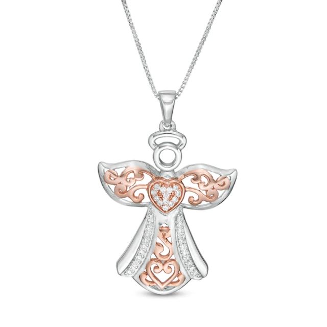 1/8 CT. T.w. Diamond Ornate Angel Pendant in Sterling Silver and 14K Rose Gold Plate