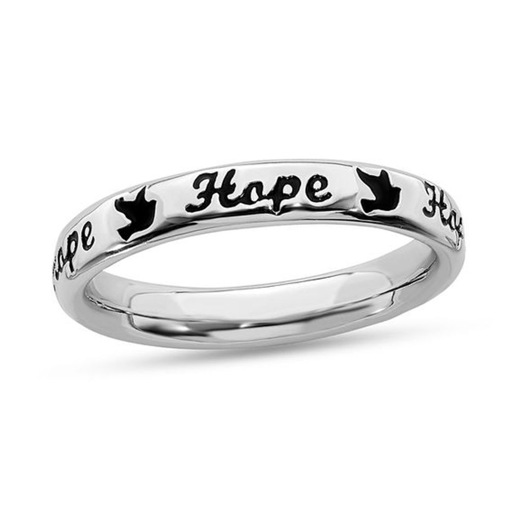 Stackable Expressionsâ¢ Black Enamel "Hope" and Dove Ring in Sterling Silver