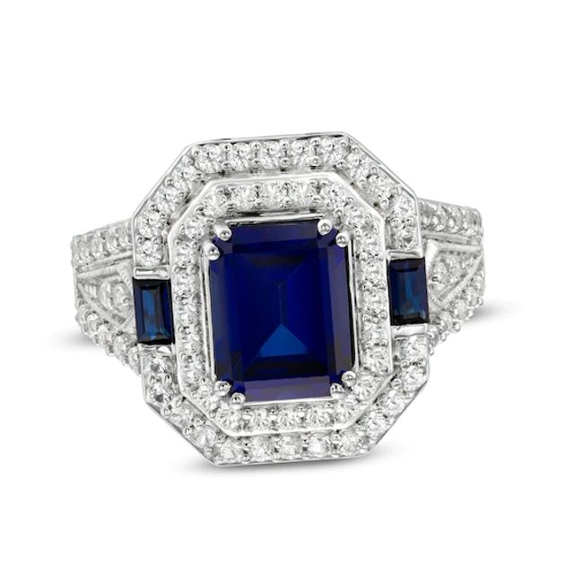 Emerald-Cut Lab-Created Blue and White Sapphire Double Octagon Frame Split Shank Ring in Sterling Silver