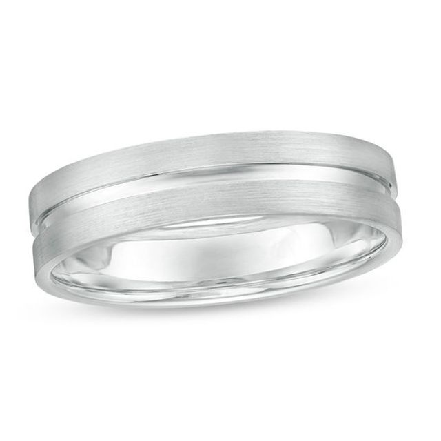 Men's 5.0mm Multi-Finish Center Groove Comfort-Fit Wedding Band in 10K White Gold - Size 10