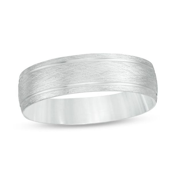 Men's 6.0mm Textured Double Groove Comfort-Fit Wedding Band in 10K White Gold