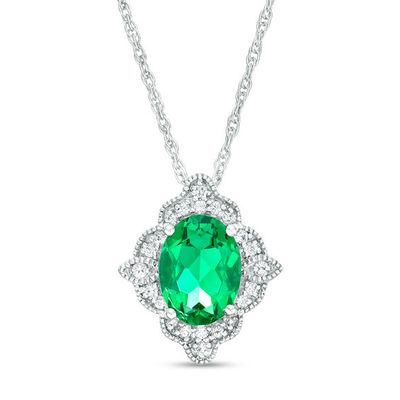 Oval Lab-Created Emerald and White Sapphire Scallop Frame Vintage-Style Pendant in Sterling Silver