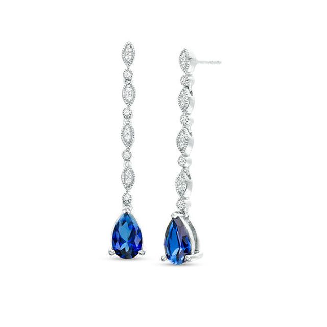 Pear-Shaped Lab-Created Blue and White Sapphire Marquise Frame Line Drop Earrings in Sterling Silver