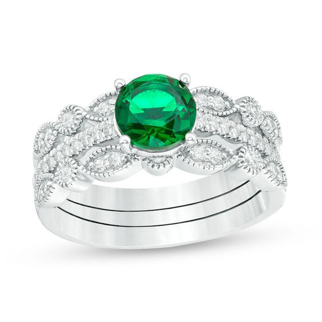 6.5mm Lab-Created Emerald and 1/4 CT. T.w. Diamond Vintage-Style Three Piece Bridal Set in Sterling Silver