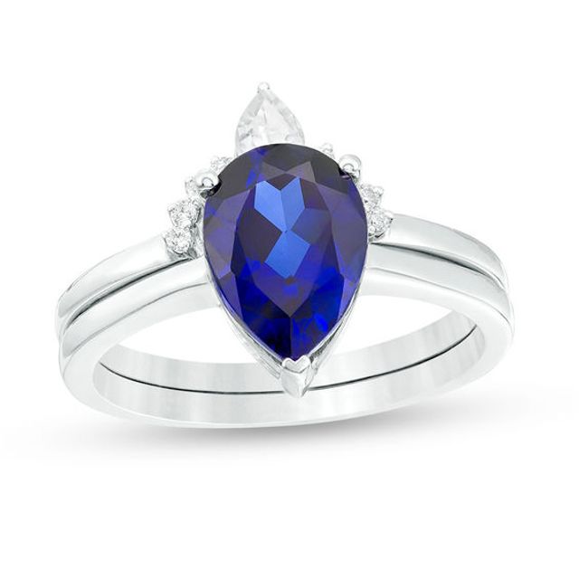 Pear-Shaped Lab-Created Blue Sapphire, White Topaz and 1/20 CT. T.w. Diamond Crown Bridal Set in 10K White Gold