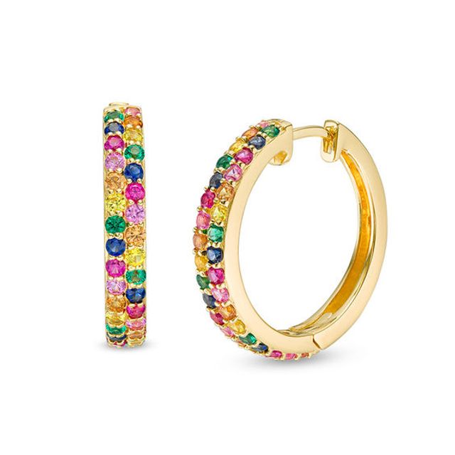 Lab-Created Multi-Color Sapphire, Ruby and Emerald Huggie Hoop Earrings in Sterling Silver with 18K Gold Plate