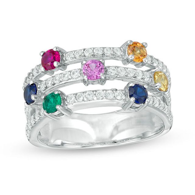 3.0mm Lab-Created Multi-Color Sapphire, Ruby and Emerald Seven Stone Triple Row Orbit Ring in Sterling Silver