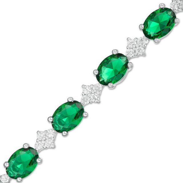 Oval Lab-Created Emerald and White Sapphire Cluster Line Bracelet in Sterling Silver - 7.25"