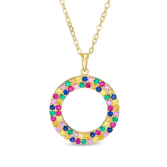 Lab-Created Multi-Color Sapphire, Ruby and Emerald Open Double Circle Pendant in Sterling Silver with 18K Gold Plate