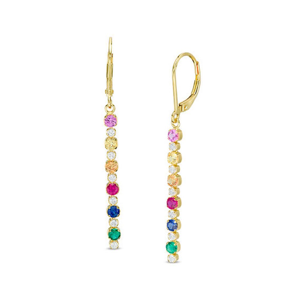 Lab-Created Multi-Color Sapphire, Ruby and Emerald Linear Drop Earrings in Sterling Silver with 18K Gold Plate