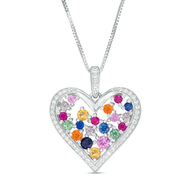 Lab-Created Multi-Color Sapphire and Ruby Scatter Heart Drop Pendant in Sterling Silver