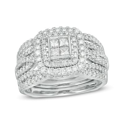 1-1/4 CT. T.w. Quad Princess-Cut Diamond Double Cushion Frame Multi-Row Bridal Set in 14K White Gold