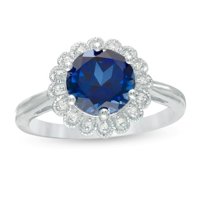 8.0mm Lab-Created Blue Sapphire and 1/20 CT. T.w. Diamond Flower Frame Vintage-Style Ring in Sterling Silver