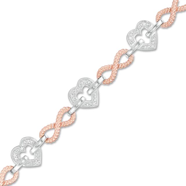 1/10 CT. T.w. Diamond Alternating Heart and Infinity Link Bracelet in Sterling Silver and 10K Rose Gold - 7.25"