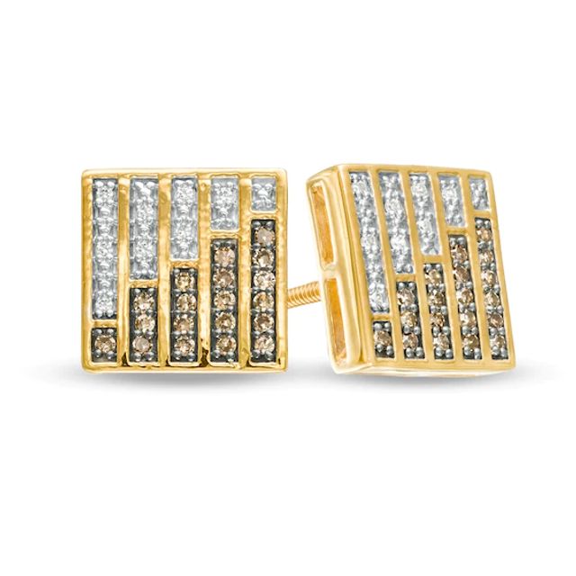 Men's 1/4 CT. T.w. Champagne and White Diamond Square Stud Earrings in Sterling Silver with 14K Gold Plate