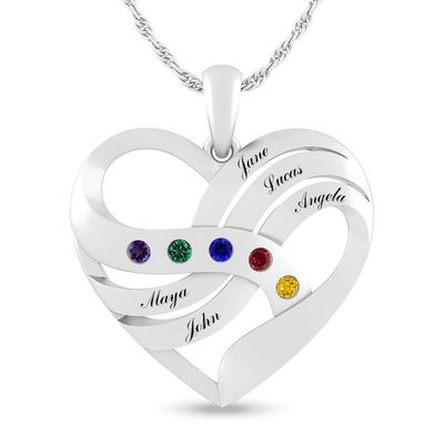Mother's Birthstone Overlay Engravable Heart Pendant (2-5 Stones and Names)